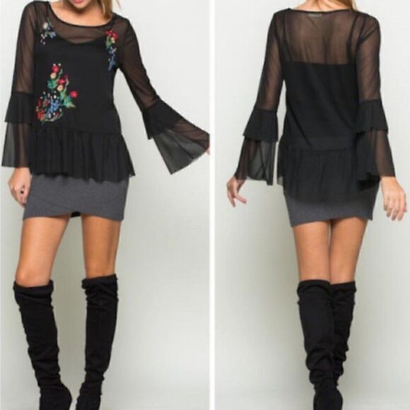 MISS LOVE Women's Embroidered Mesh Top with Ruffled Blouse Bohemia - Picture 1 of 4